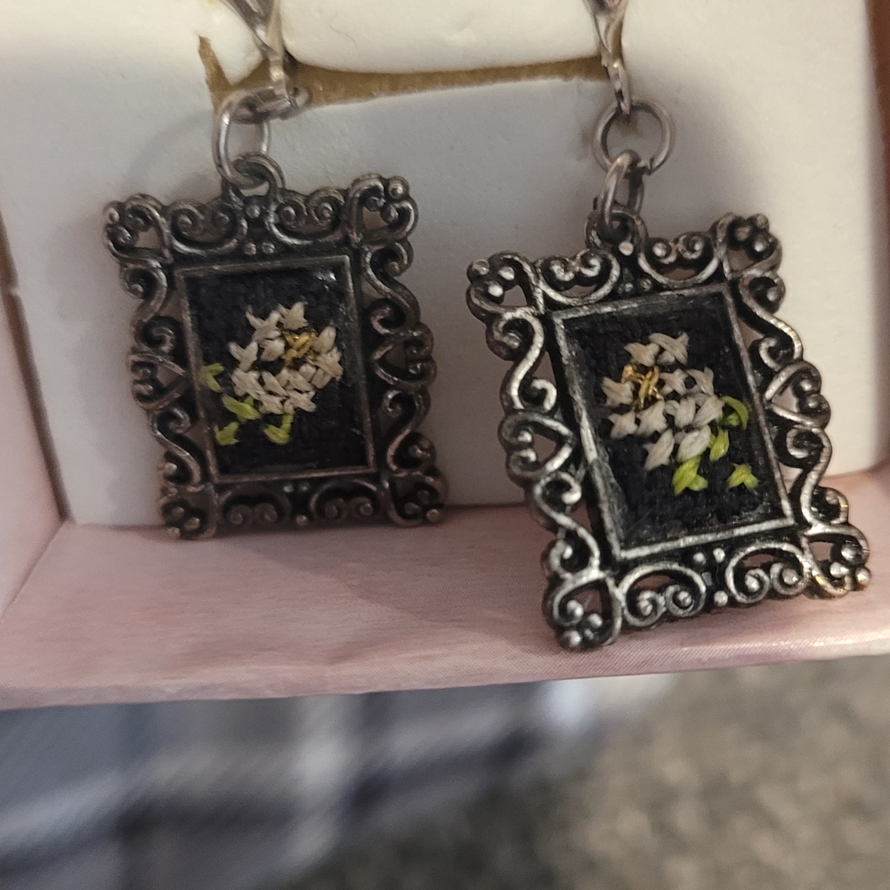 Antique Silver Frame Earrings with Floral Design